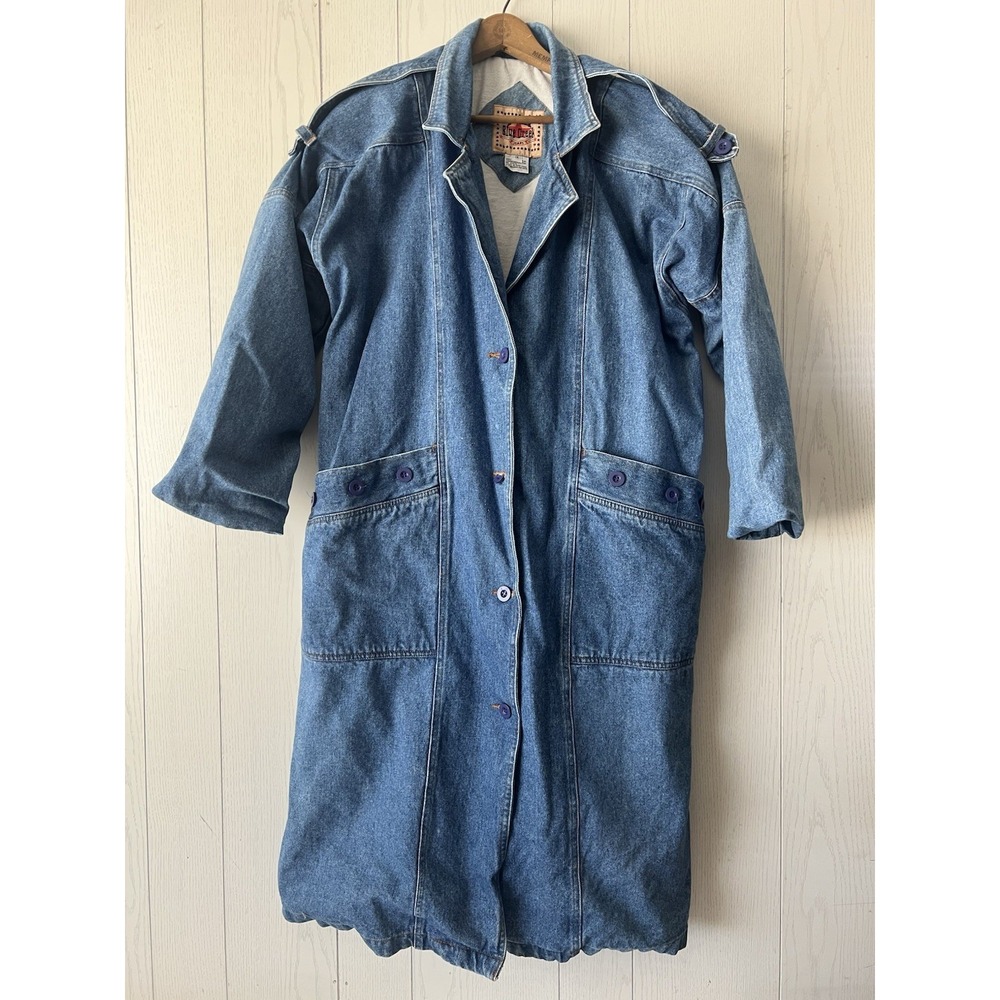 Vintage 80's Long Denim Trench Coat Jacket Western Boho Steampunk Women's 1X